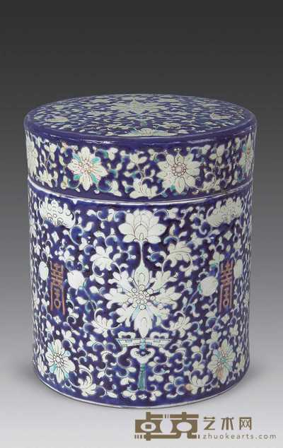 清同治 蓝釉福寿盖罐 高18.5cm